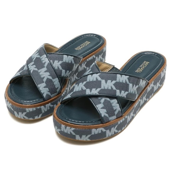 Michael Kors Shoes - Michael Kors Indira Logo Jacquard Navy Platform Wedge Slide Sandal Size 8.5